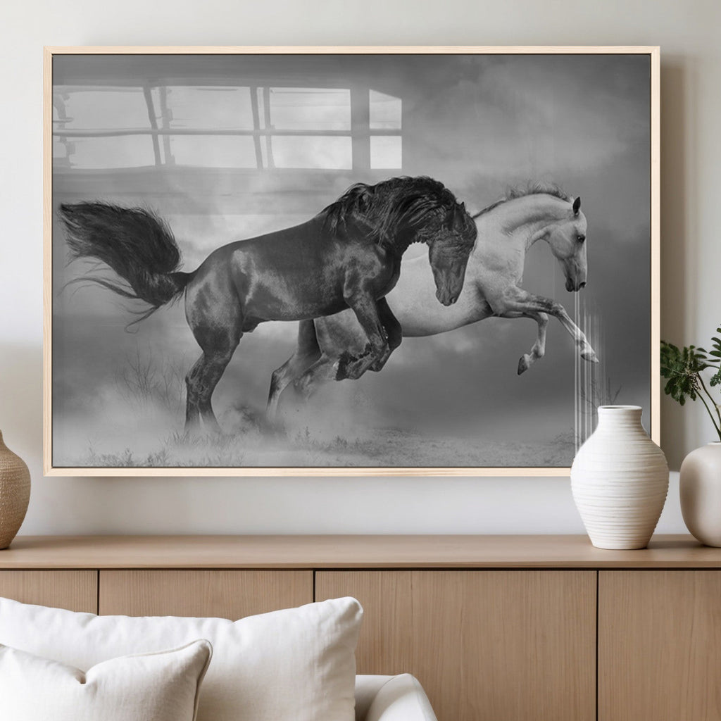 Wild Horses Wall Art Canvas Print, Framed Black and White Galloping Horses