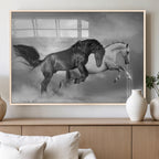 Wild Horses Wall Art Canvas Print, Framed Black and White Galloping Horses