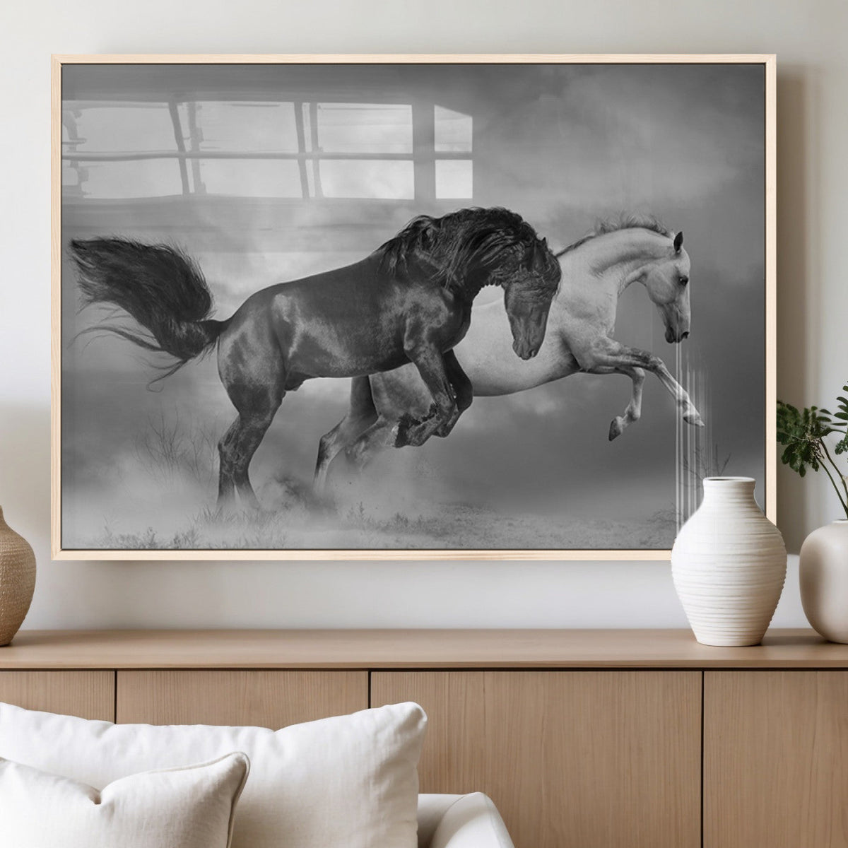 Wild Horses Wall Art Canvas Print, Framed Black and White Galloping Horses