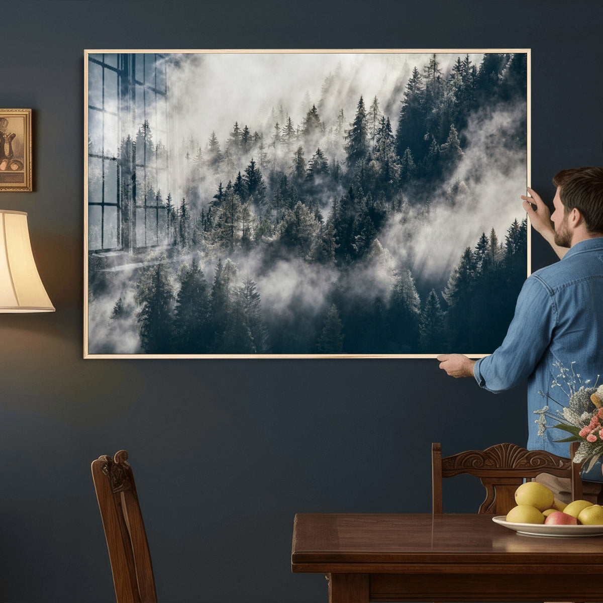 Foggy Mountain Forest Canvas Print, Misty Pine Trees Nature Wall Art
