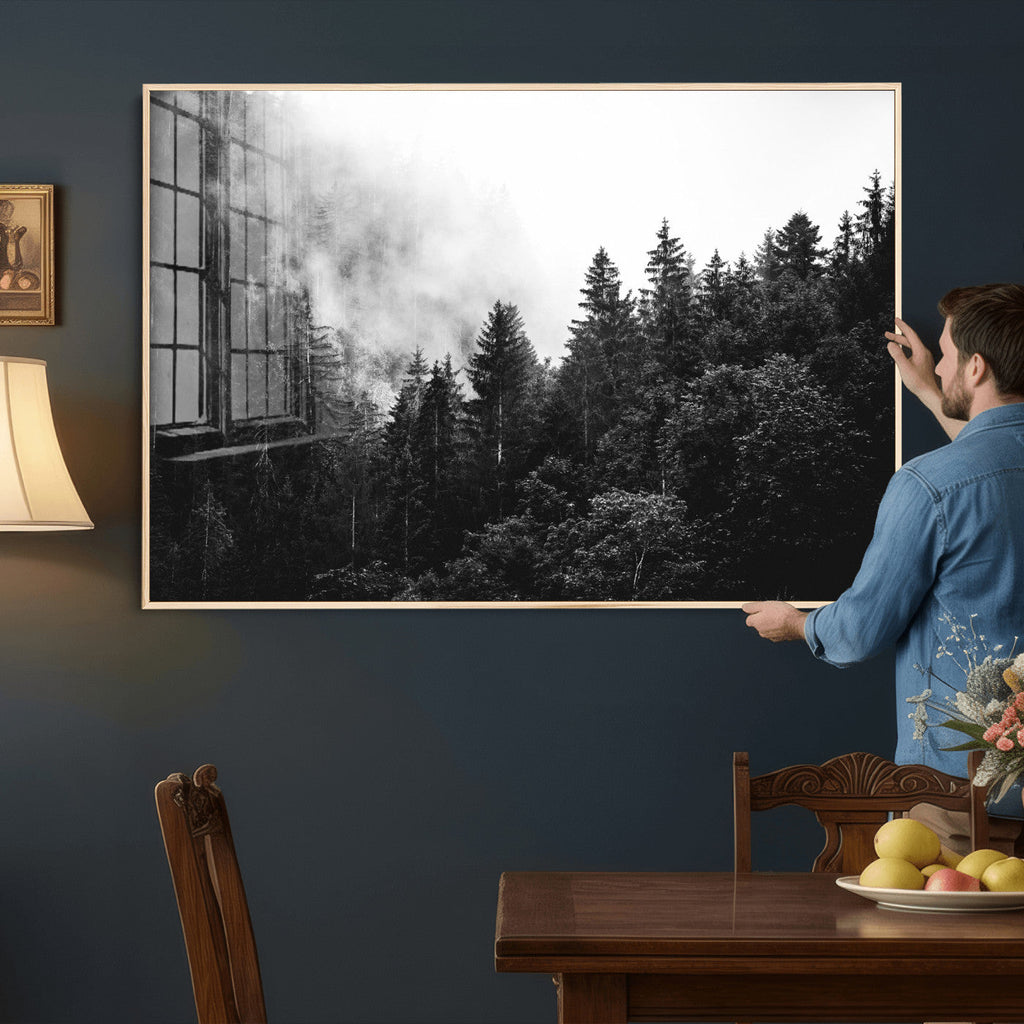 Black White Forest Wall Art Canvas Print, Misty Pine Tree Landscape