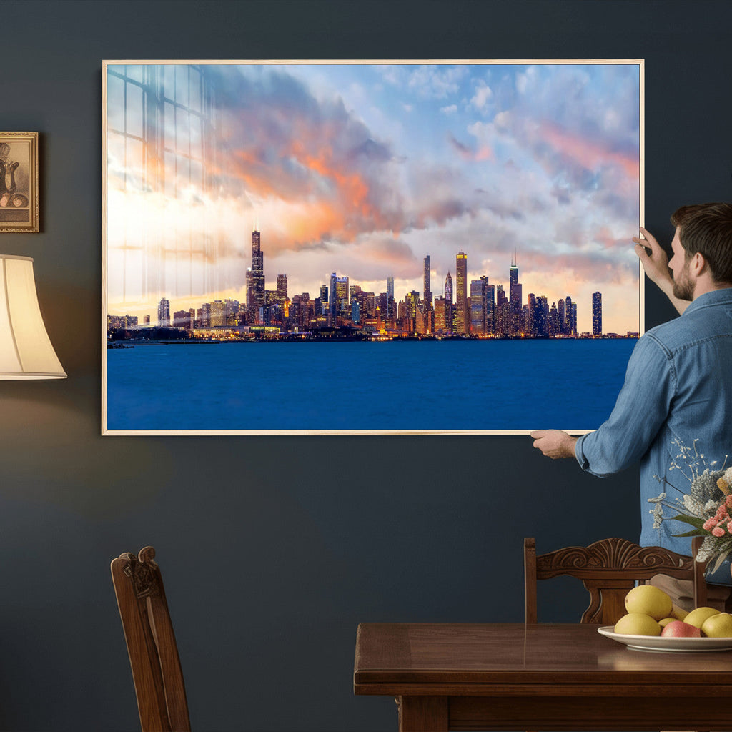 Chicago Wall Art Canvas Print - Chicago City Downtown Night Cityscape
