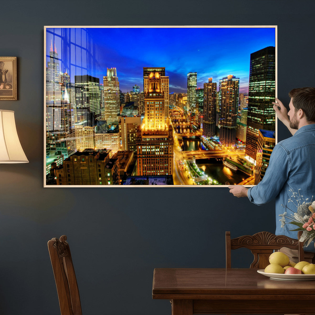 Chicago Wall Art Canvas Print - Chicago City Downtown Night Cityscape