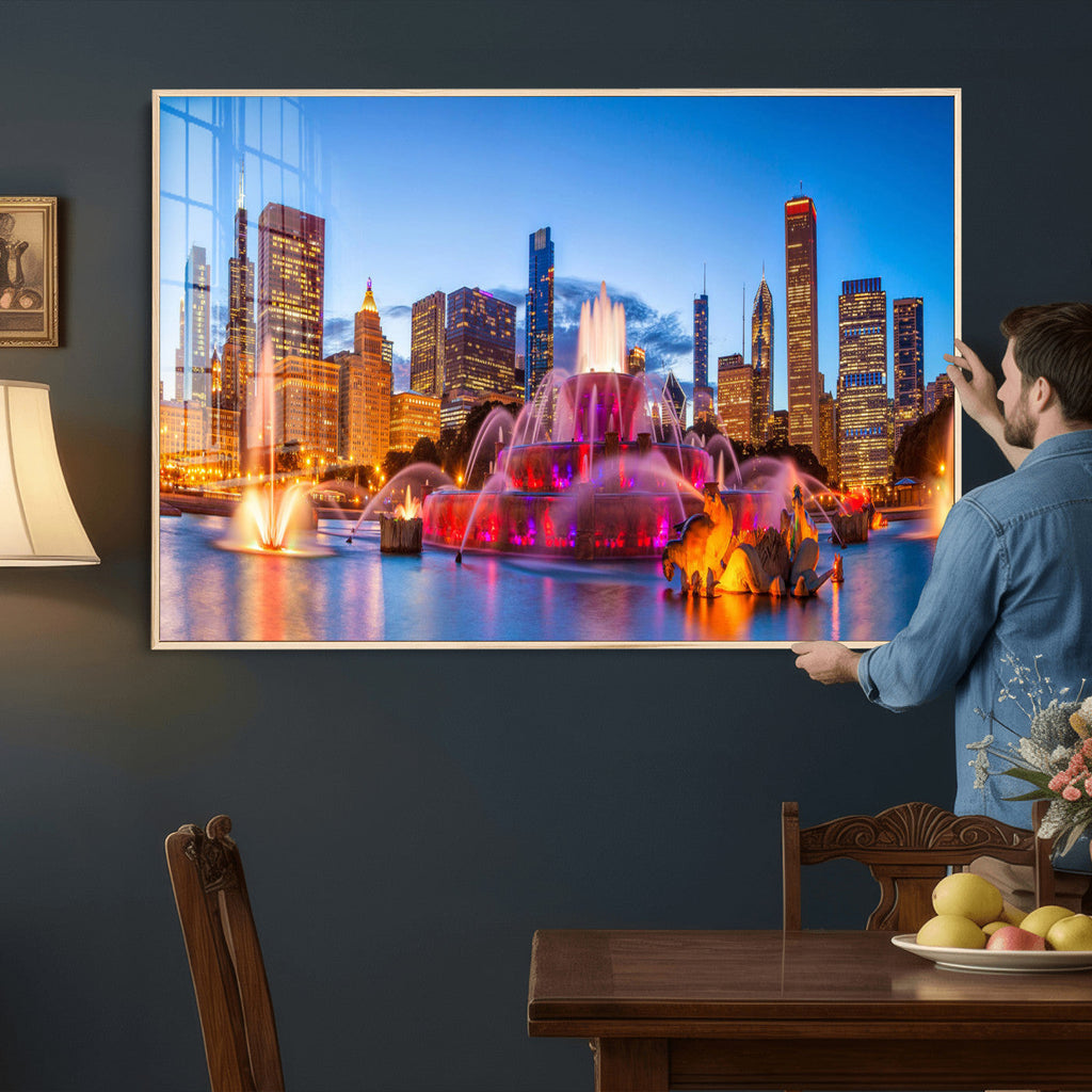 Chicago Wall Art Canvas Print, Chicago City Downtown Night Cityscape