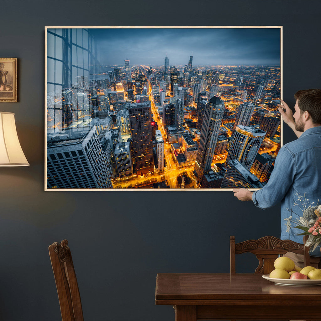 Chicago Wall Art Canvas Print - Chicago City Downtown Night Cityscape