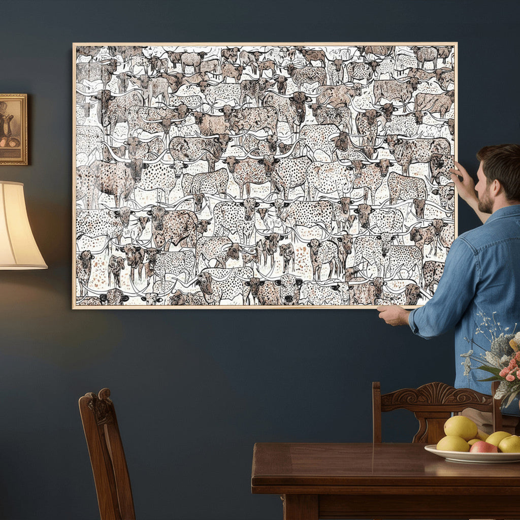 Abstract Texas Cow Wall Art Canvas Print, Farm Longhorn Art for Cabin Decor
