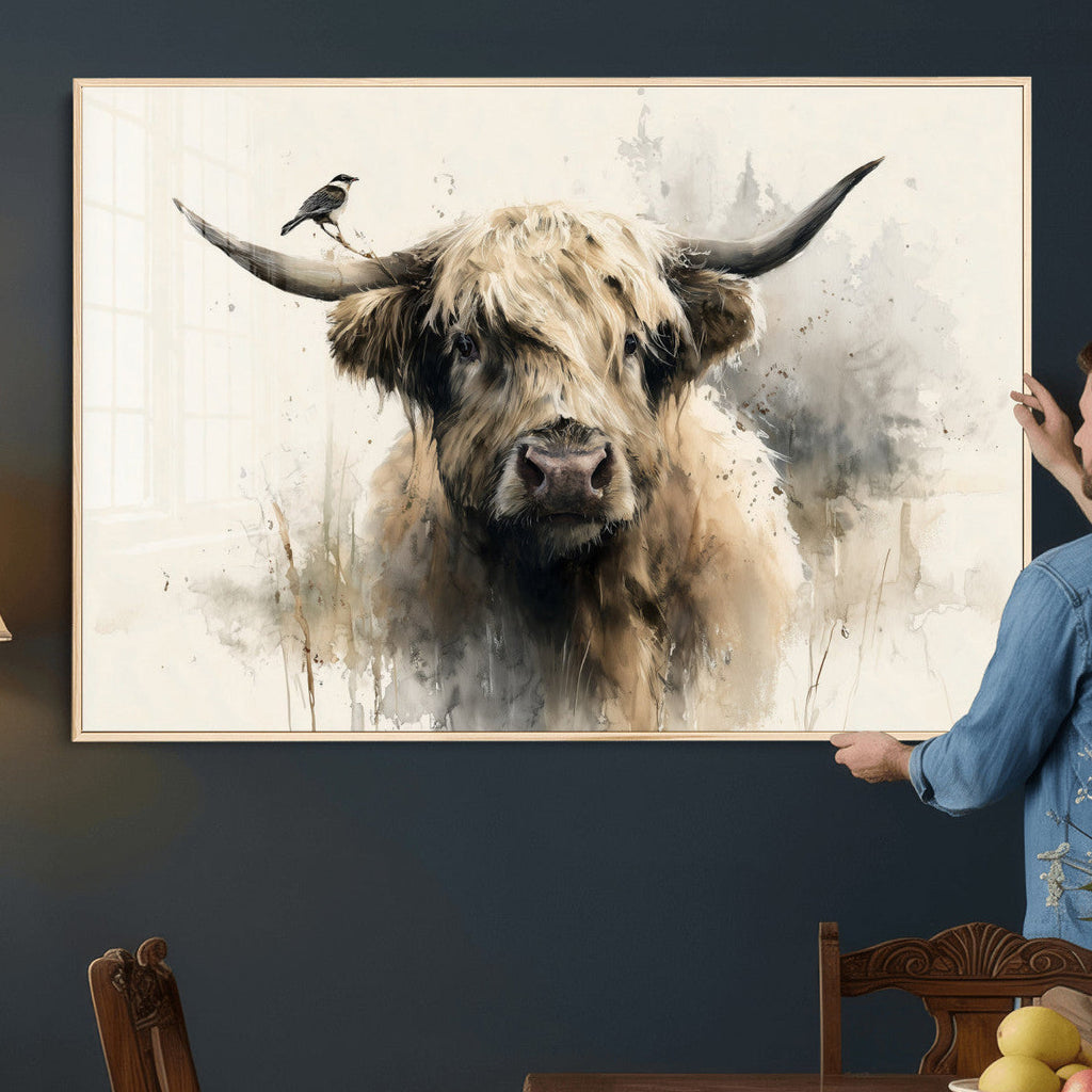 Abstract Highland Cow Wall Art Canvas Print, Rustic Farm Cattle Portrait