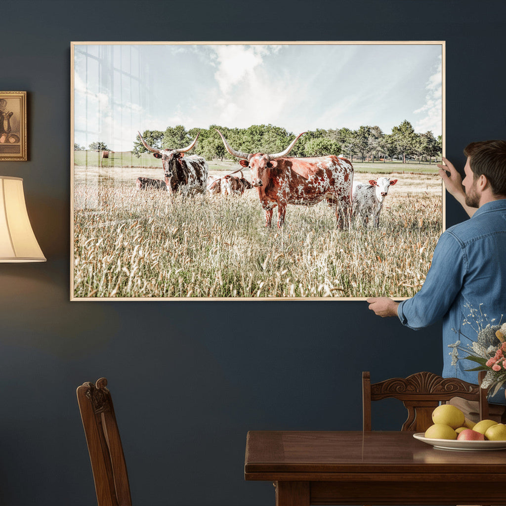 Texas Longhorn Cattle Wall Art Canvas Print, Western Ranch Landscape Decor