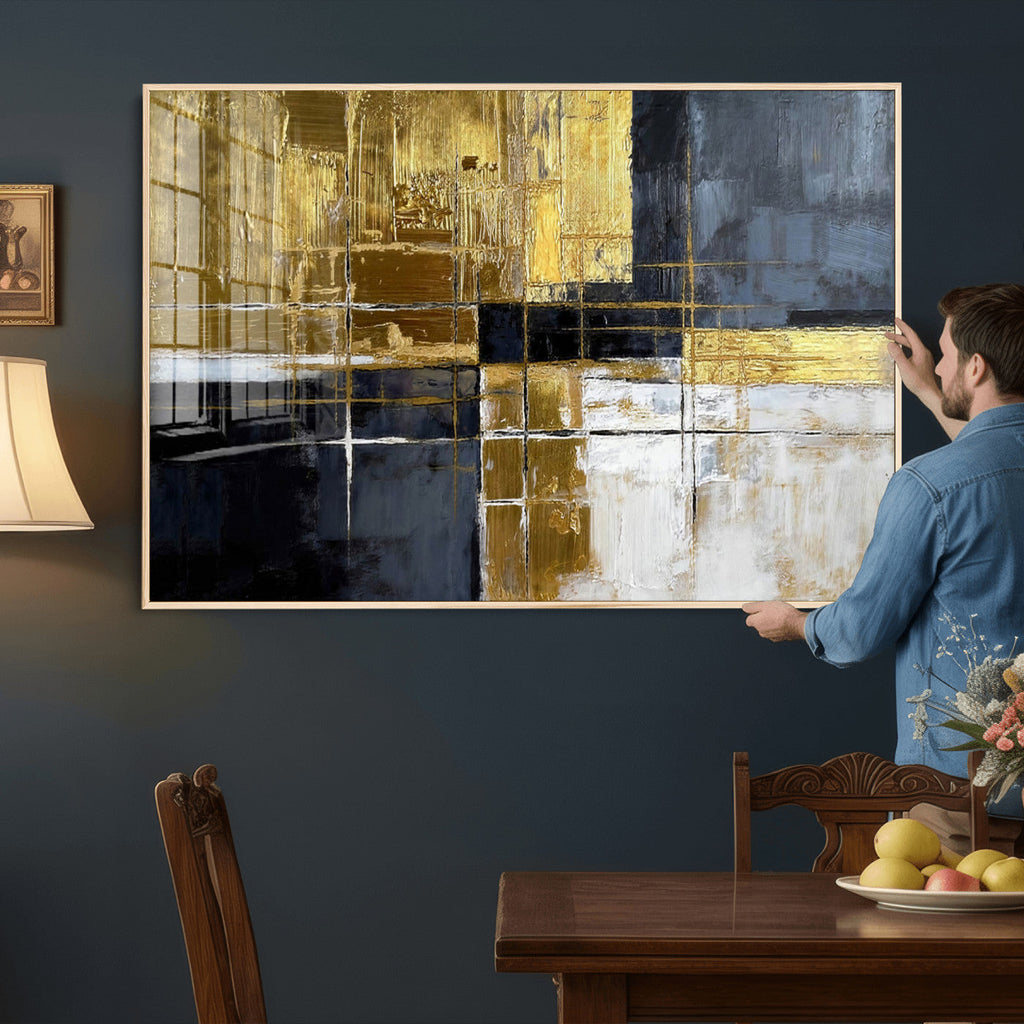 Gold Navy Abstract Wall Art Canvas Print, Modern Luxury Geometric Art for Living Room and Office