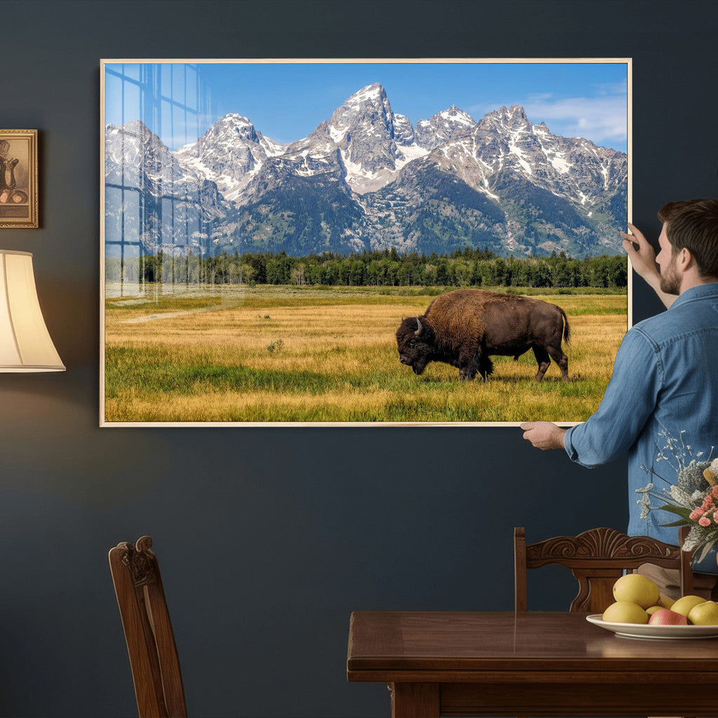 Bison in Mountain Landscape Wall Art Canvas Print, Western Decor