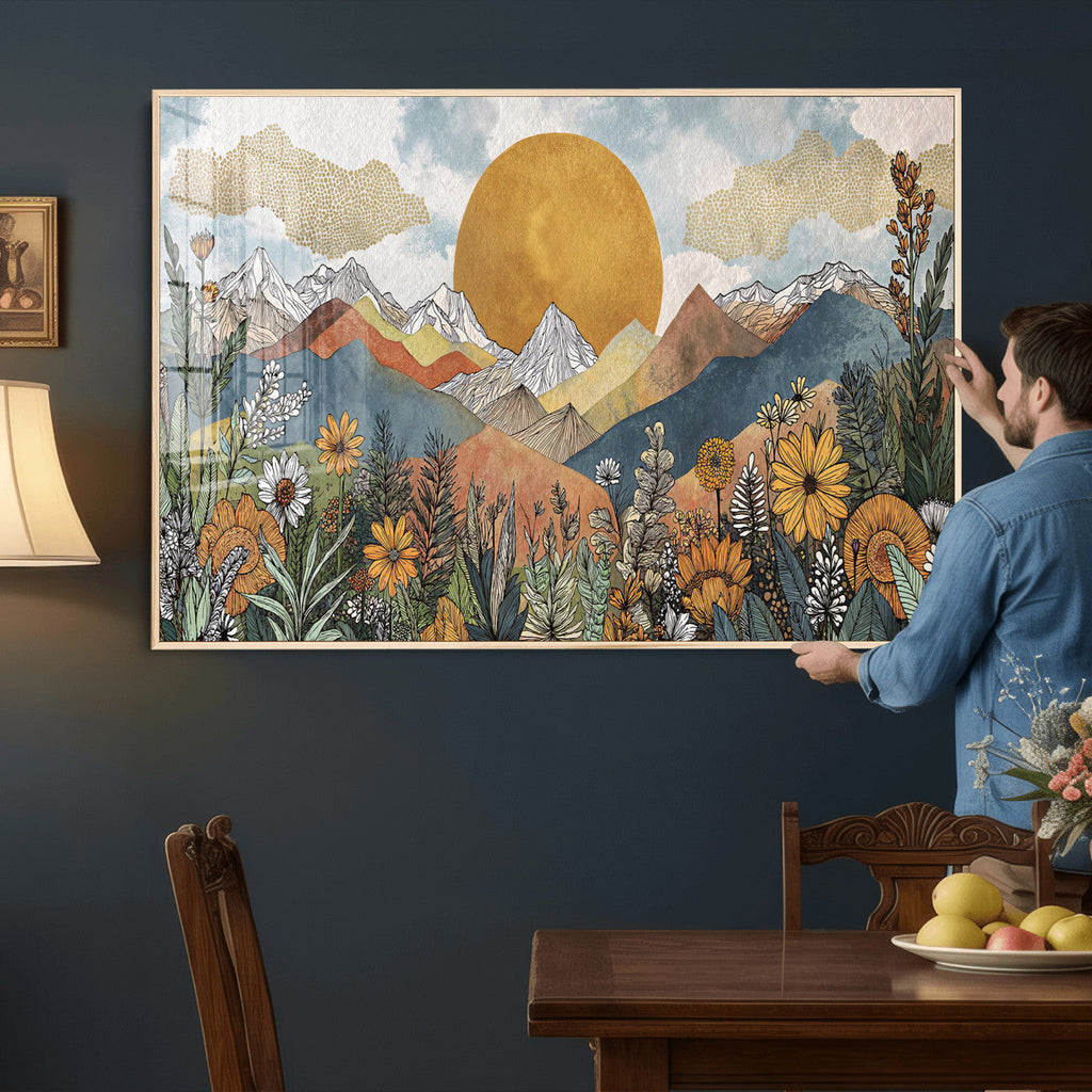 Boho Mountain Landscape Large Wall Art, Horizontal Gold Sun and Flowers Print