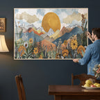Boho Mountain Landscape Large Wall Art, Horizontal Gold Sun and Flowers Print