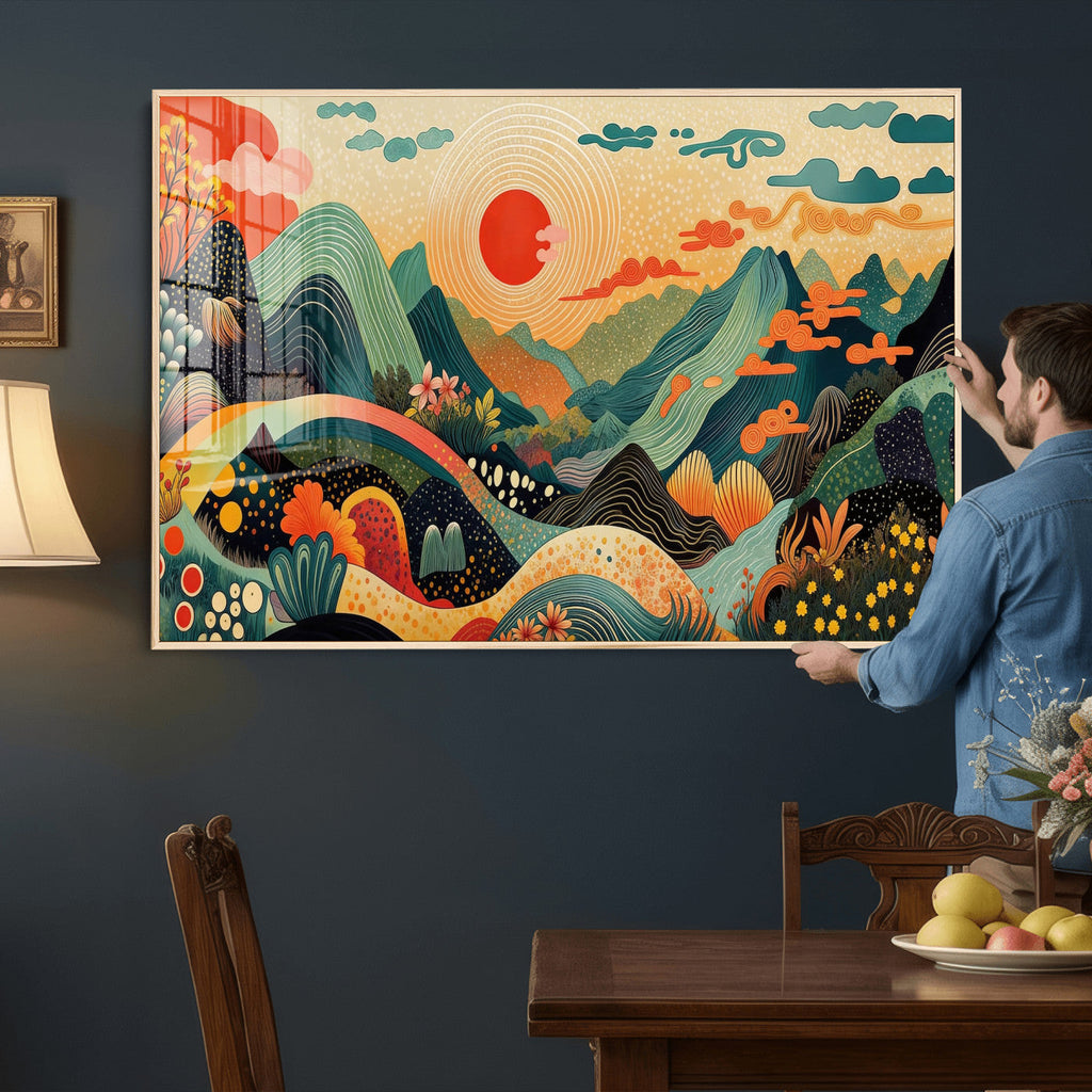 Yayoi Kusama Boho Mountain Landscape Large Wall Art, Gold Sun and Flowers Print