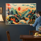 Yayoi Kusama Boho Mountain Landscape Large Wall Art, Gold Sun and Flowers Print