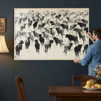 Longhorn Cattle Canvas Wall Art, Black White Stampede Ink