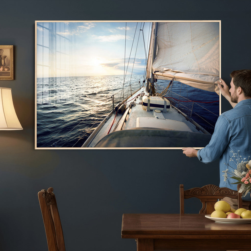 Sailboat Wall Art Canvas Print, Ocean Sunset Sailing Framed Artwork