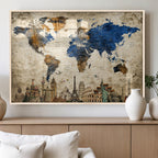 World Map Canvas Print | Vintage Blue and Gold World Map Wall Art