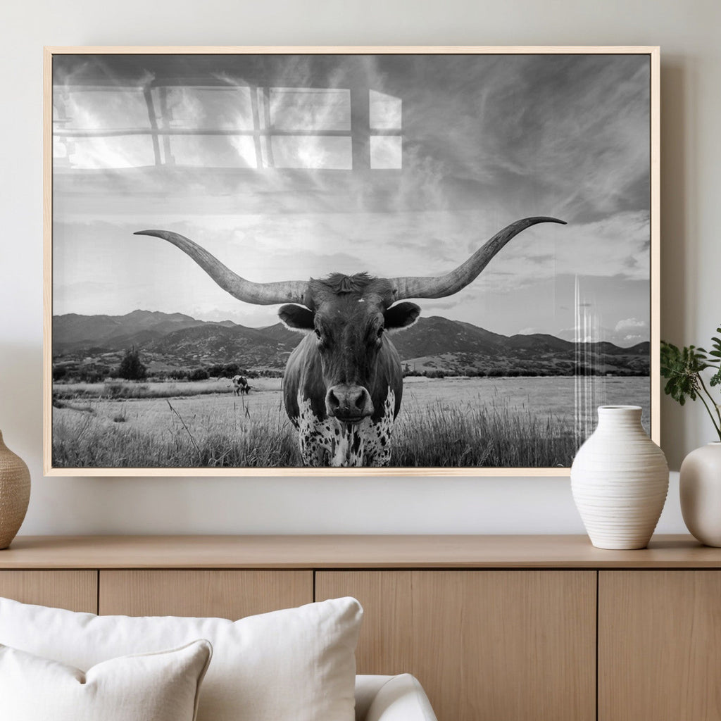 Longhorn Black and White Wall Art | Rustic Western Bull Canvas Print