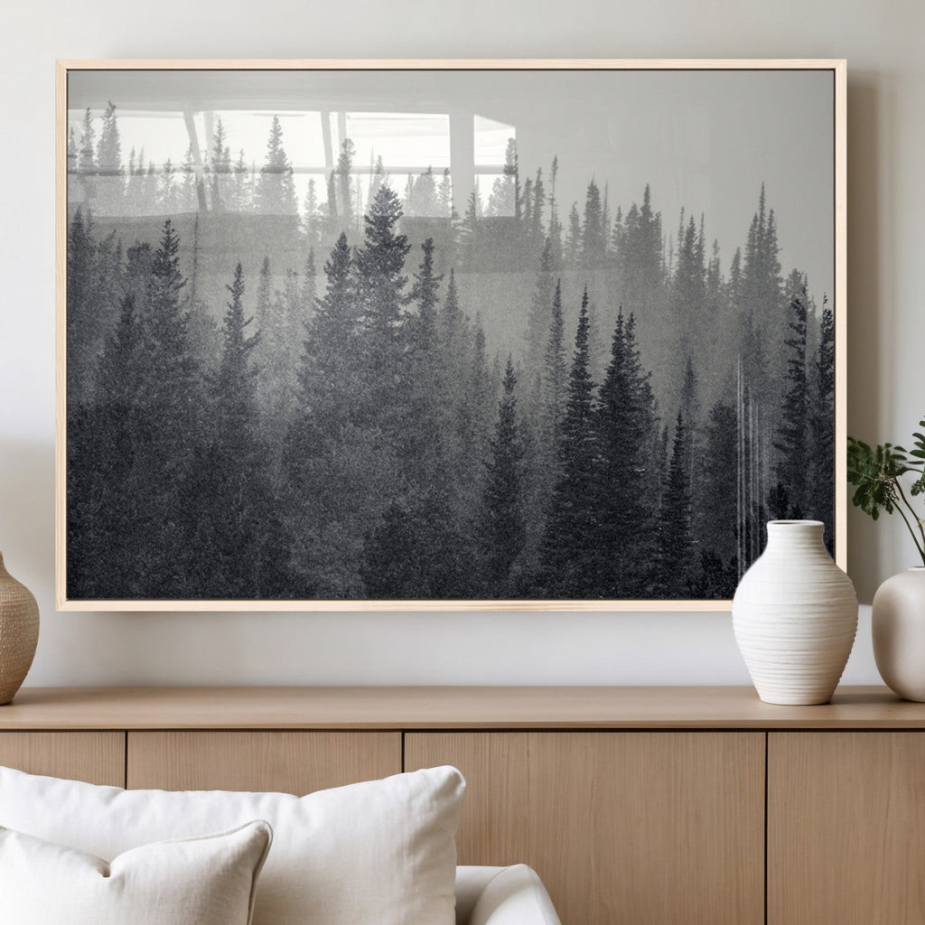 Misty Forest Canvas Wall Art | Monochrome Triptych Pine Tree Print