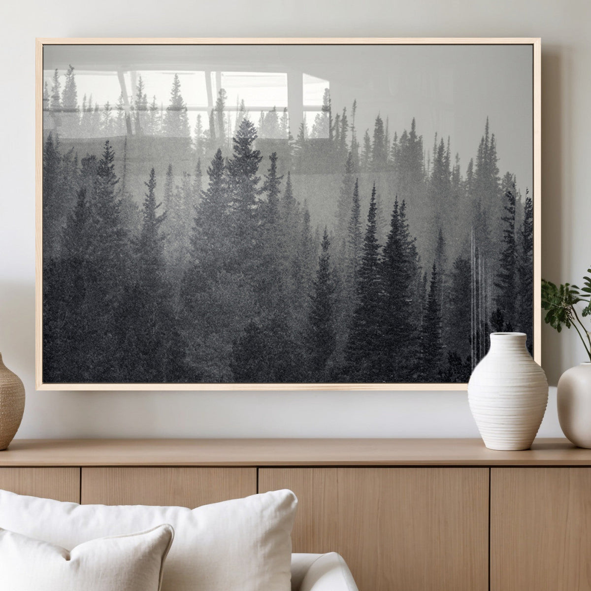 Misty Forest Canvas Wall Art | Monochrome Triptych Pine Tree Print