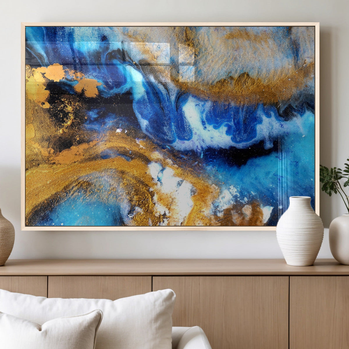 Blue Orange Marble Fluid Effect Canvas Wall Art Print
