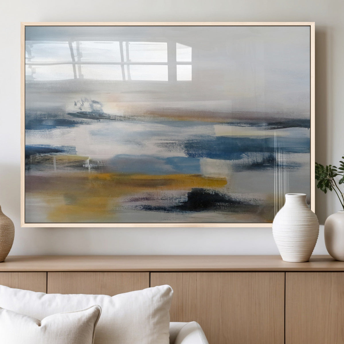 Abstract Landscape Wall Art Canvas | 3 Panel Modern Blue, Gold and White Canvas Art