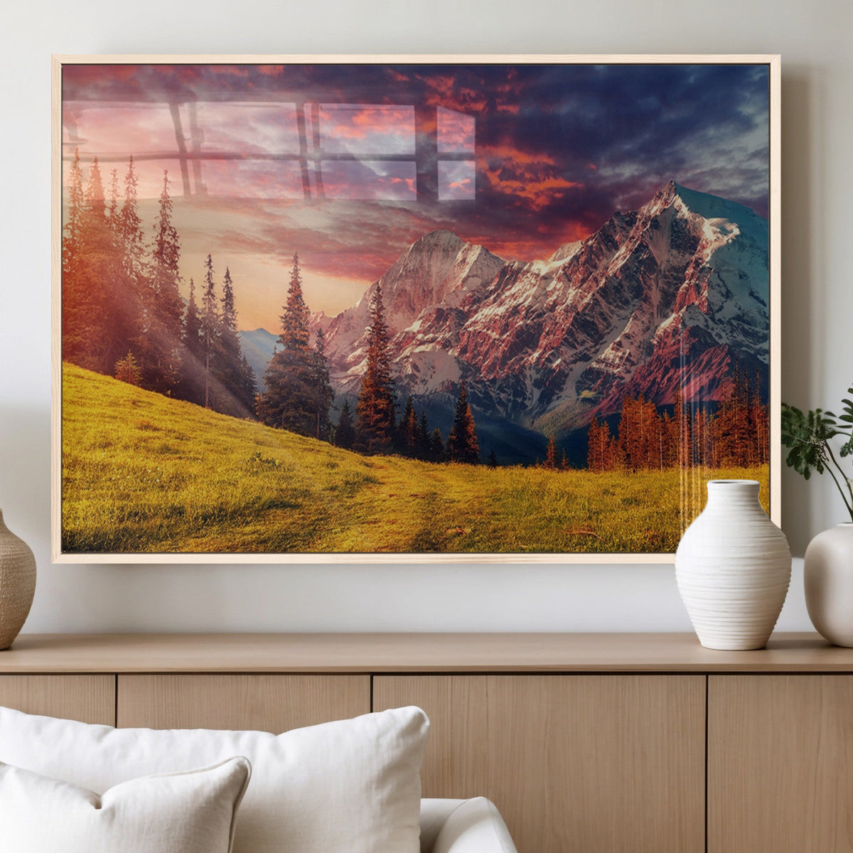 Mountain and Daylight Red Sunset Wall Art Canvas Print