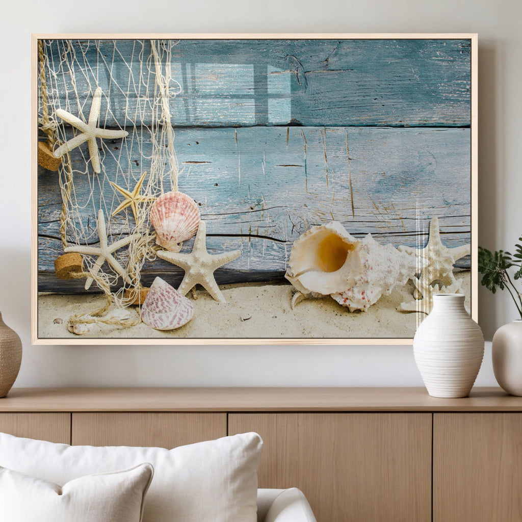 Seashells on Rustic Wooden Background, Seashells Wall Art