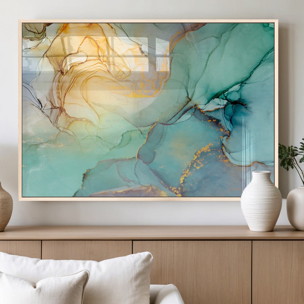 Abstract Aqua and Gold Fluid Wall Art Canvas | 3 Panel Large Canvas Print