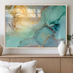 Abstract Aqua and Gold Fluid Wall Art Canvas | 3 Panel Large Canvas Print
