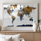 Modern Abstract World Map Canvas Wall Art | Framed Blue and Gold Map Print