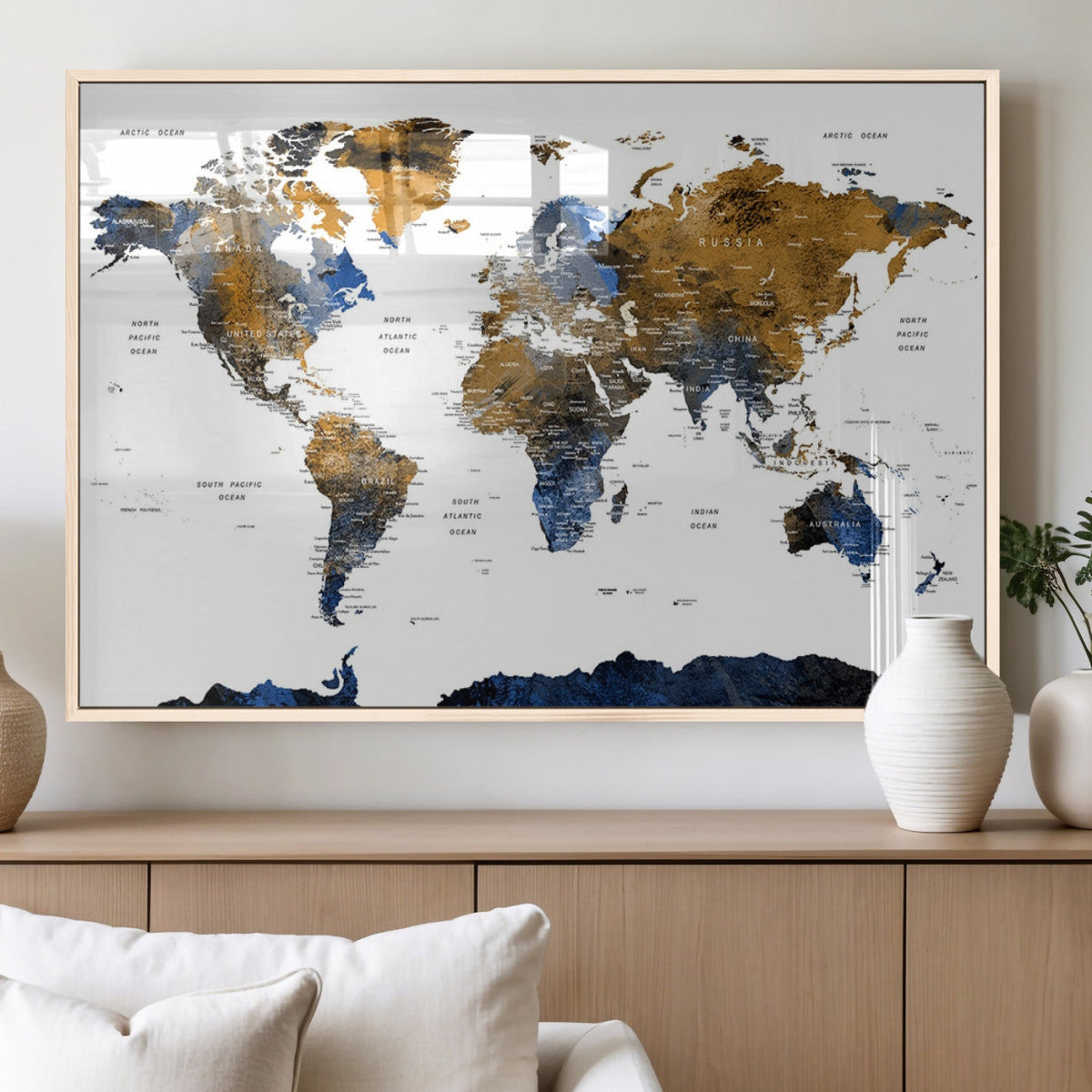 Modern Abstract World Map Canvas Wall Art | Framed Blue and Gold Map Print