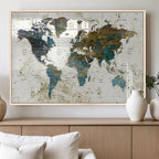 Vintage World Map Wall Art Canvas Print, Framed Rustic Earth Tone Map