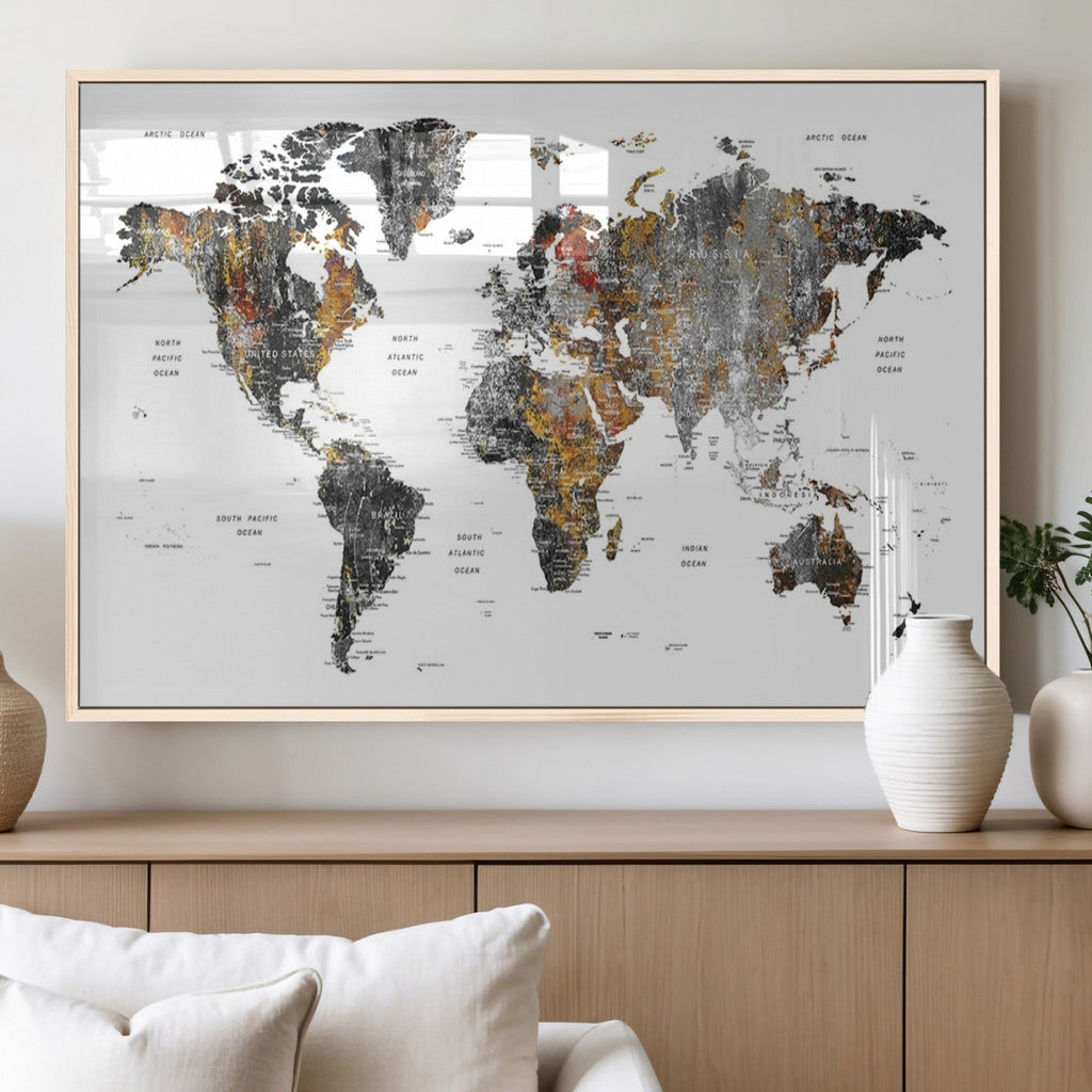 Modern Metallic World Map Canvas Wall Art | Framed Contemporary World Map Print