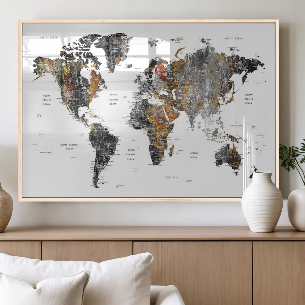 Modern Metallic World Map Canvas Wall Art | Framed Contemporary World Map Print