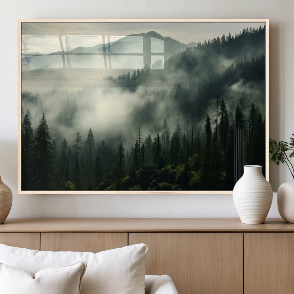Captivating Misty Forest Wall Art Premium Canvas Print, A Foggy and Serene Atmosphere