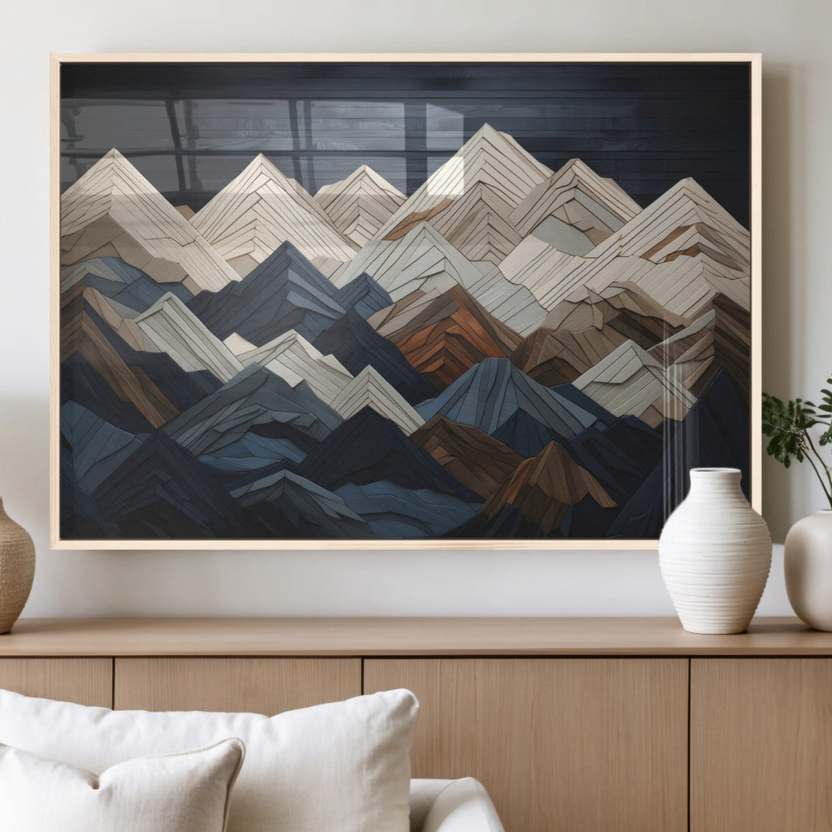 Rustic Mountain Landscape Wall Art Canvas Print, Framed 3D Wooden Effect Mountain Art