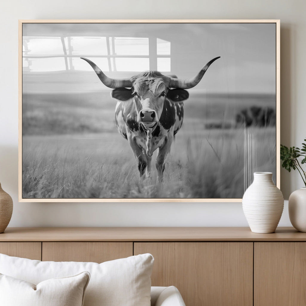 Texas Cow Longhorn Wall Art Canvas Print for Farm House Wall Art, Framed and Ready to Hang