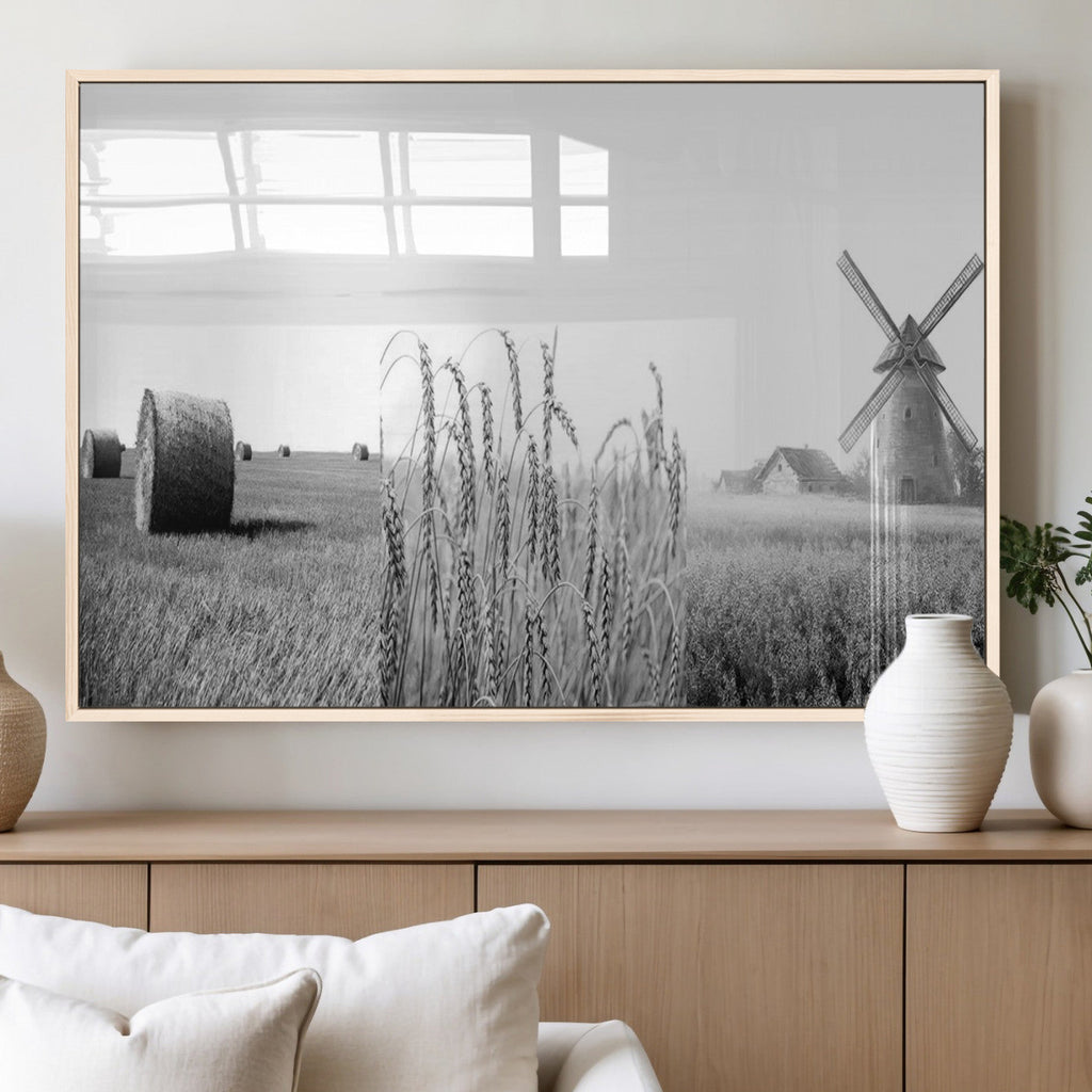 Vintage Farmhouse Black and White Triptych Wall Art, Giclee Canvas with Wheat Fields, Hay Bales and Windmill