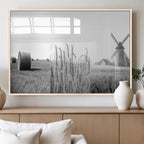 Vintage Farmhouse Black and White Triptych Wall Art, Giclee Canvas with Wheat Fields, Hay Bales and Windmill