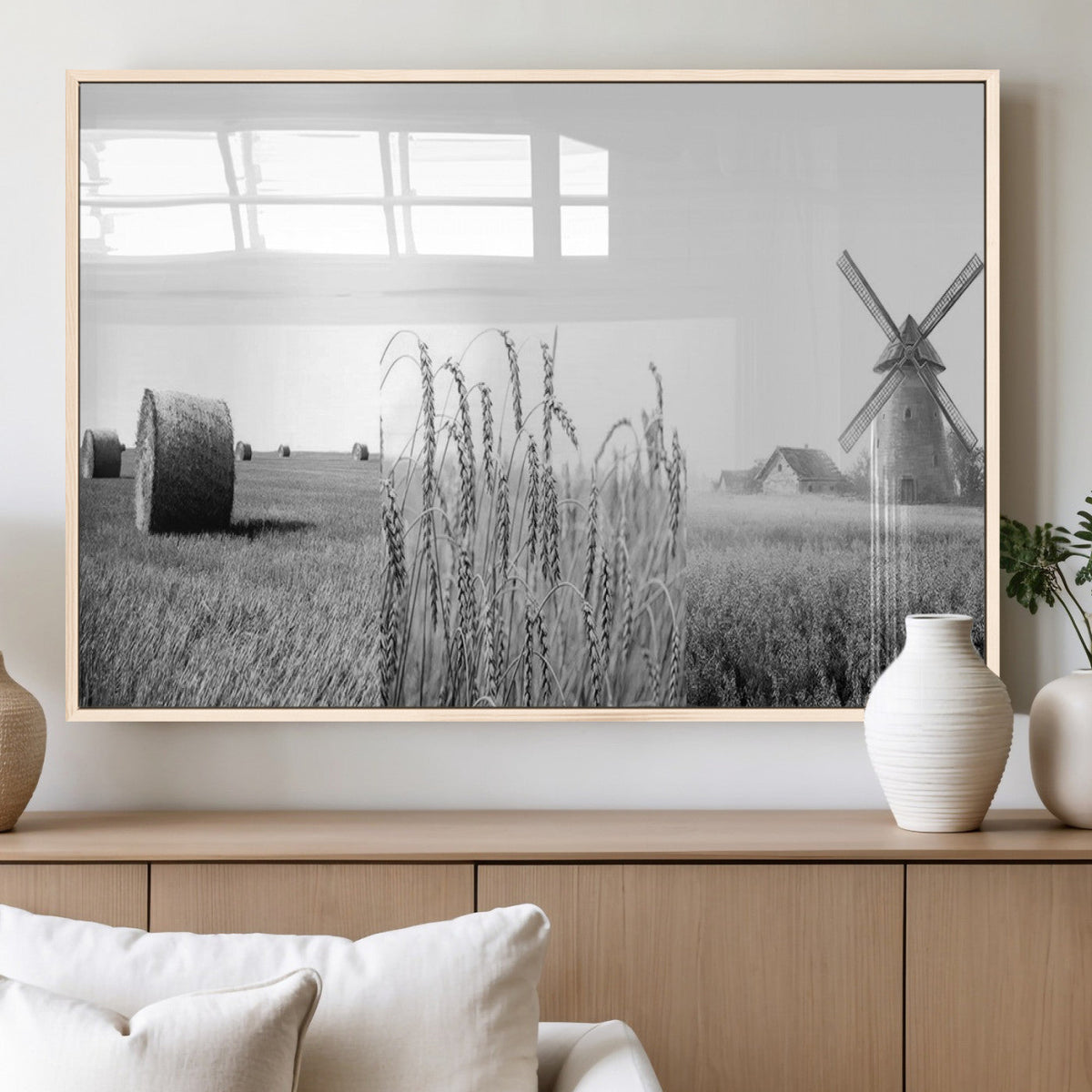 Vintage Farmhouse Black and White Triptych Wall Art, Giclee Canvas with Wheat Fields, Hay Bales and Windmill