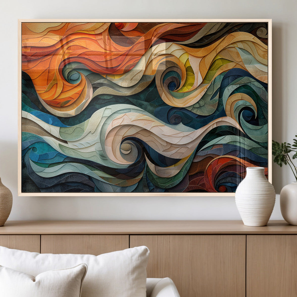 Abstract Wave Wall Art, Ready to Hang Framed Canvas Print | Extra Large 3 Piece Canvas Wall Art