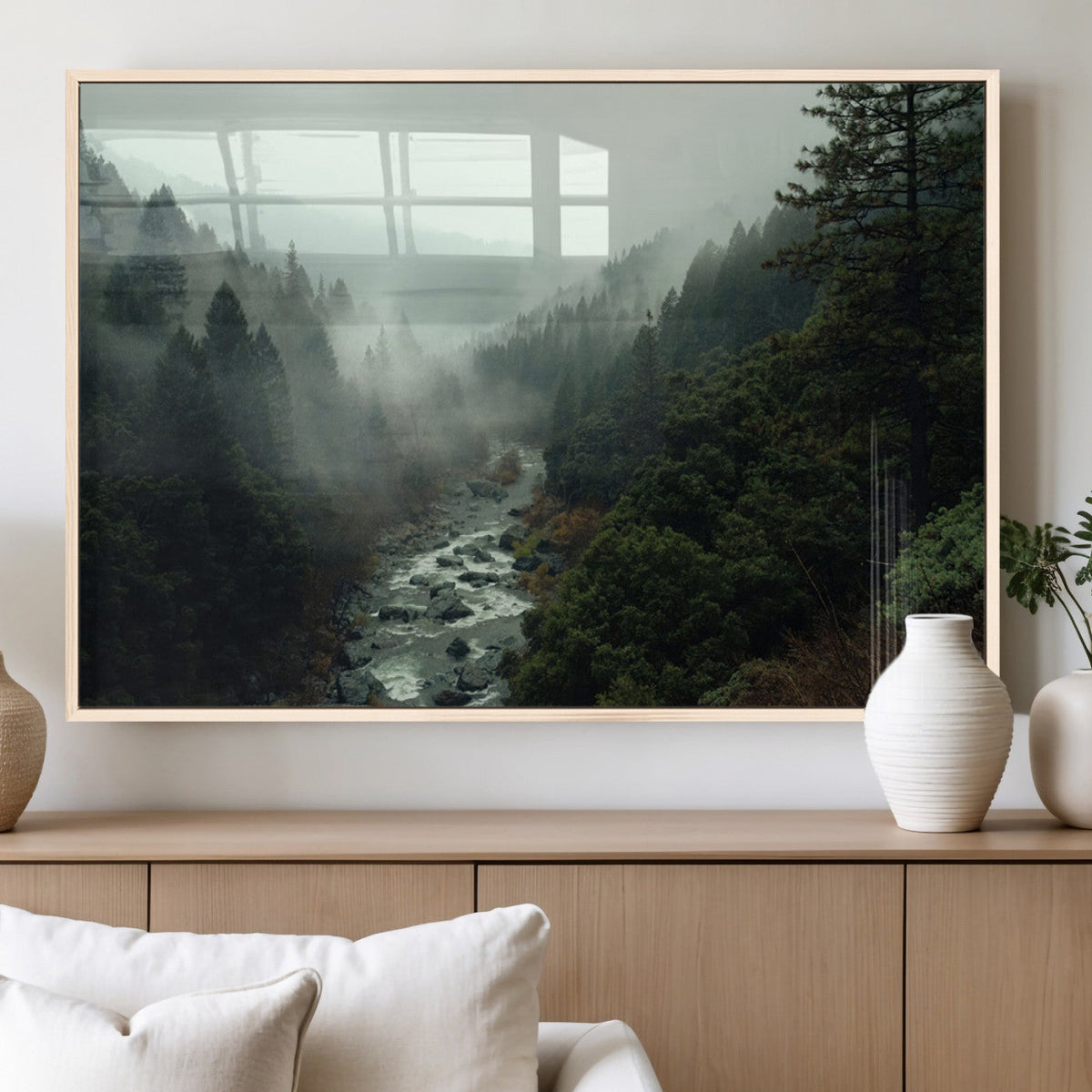 Misty Forest Wall Art, Tranquil Nature Landscape, Ready to Hang | Extra Large 3 Piece Canvas Wall Art