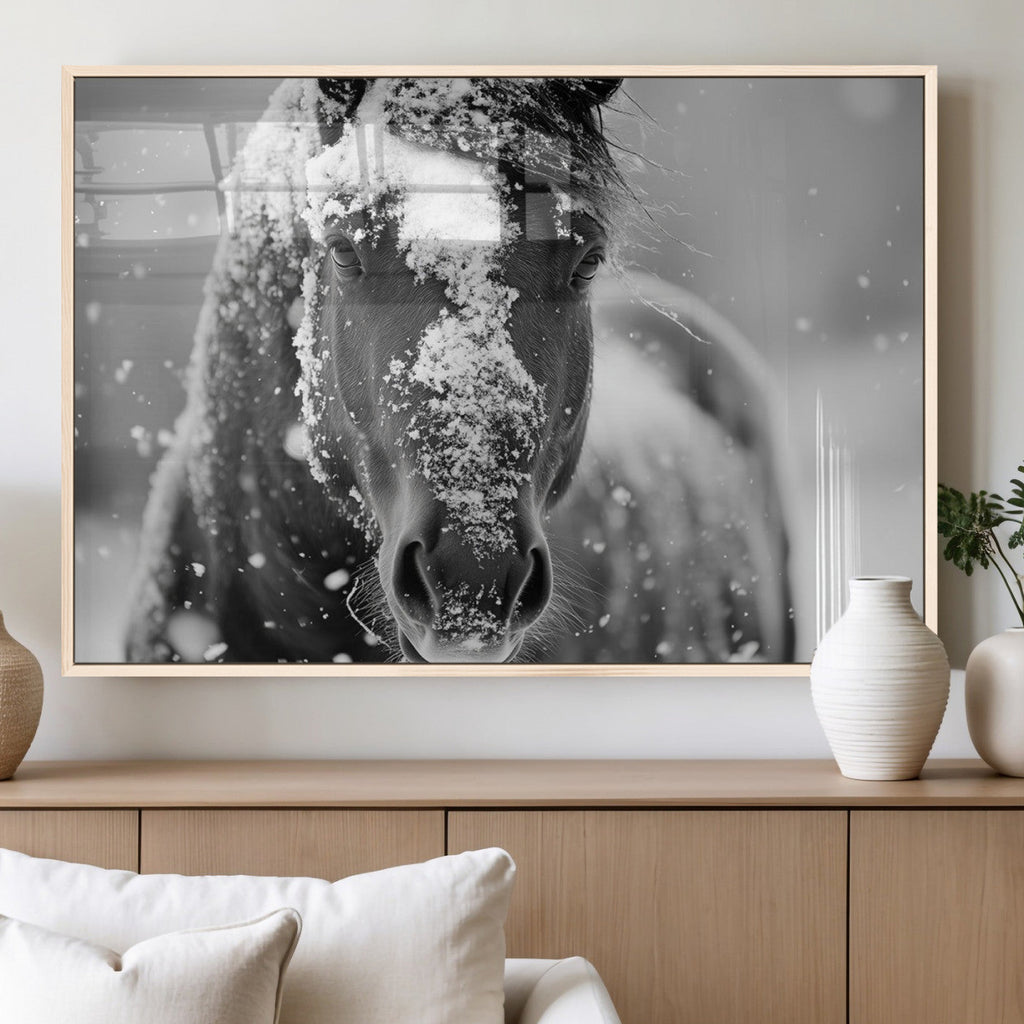Black and White Horse Winter Wall Art, Ready to Hang