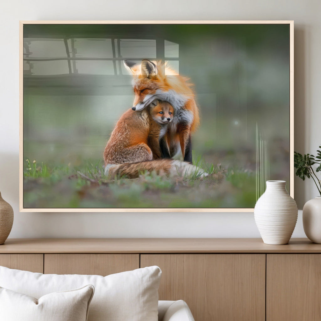 Heartwarming Fox and Baby Cub Wall Art | Canvas Print of Foxes in Nature