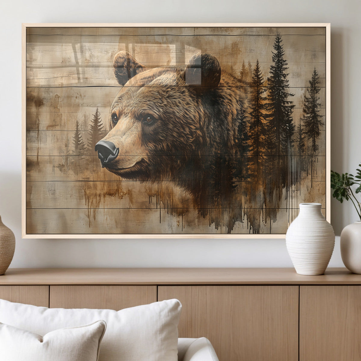 Rustic Grizzly Bear Wall Art, Abstract Grizzly 399 Bear Canvas Print, Woodland Wildlife
