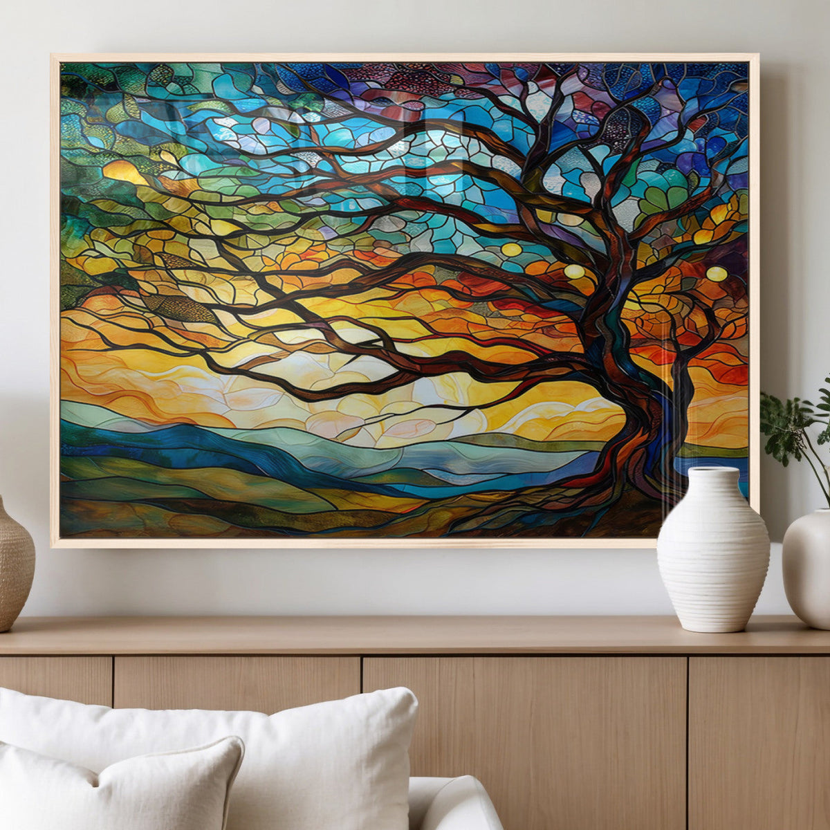Vibrant Mosaic Tree of Life Wall Art, Stained Glass Style Canvas Print