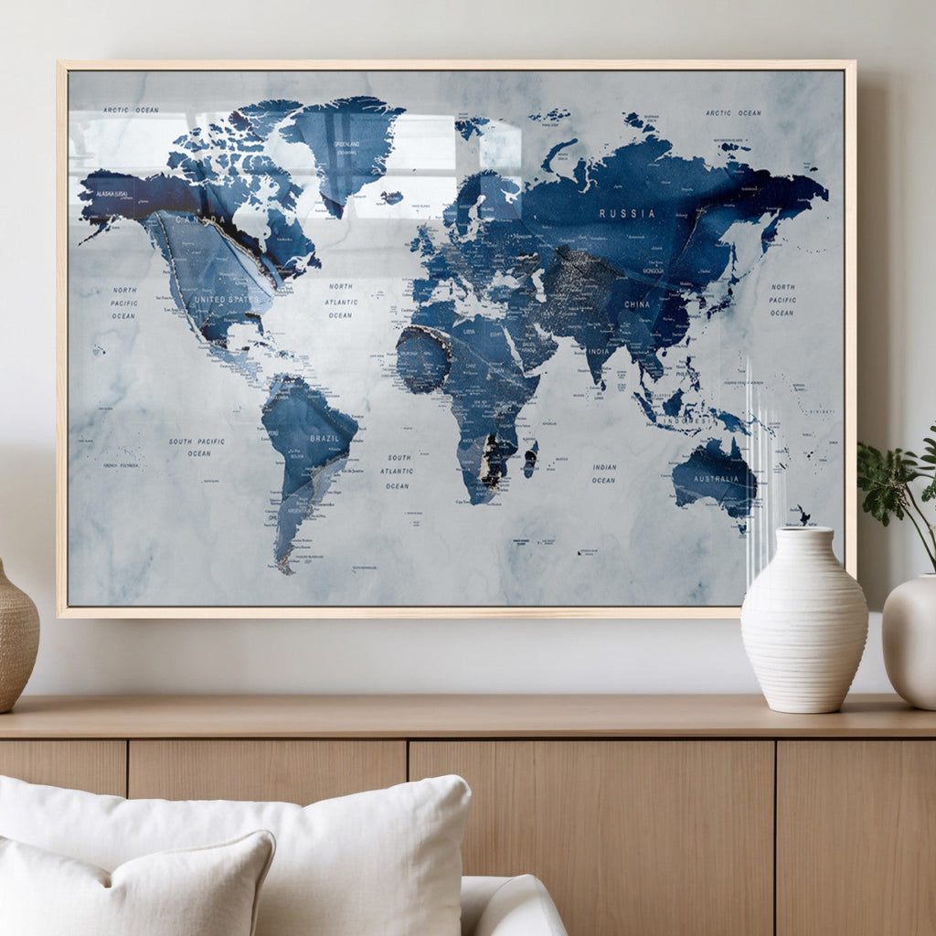 Modern Blue World Map Canvas Print | Elegant Travel Map Wall Art for Home Office