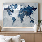 Modern Blue World Map Canvas Print | Elegant Travel Map Wall Art for Home Office