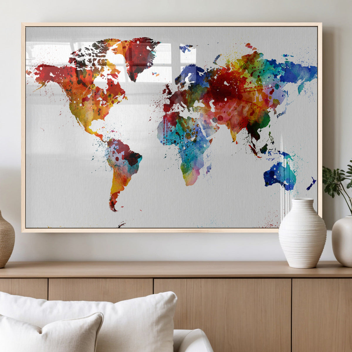 Colorful World Map Canvas Wall Art Print, Contemporary Global Map Artwork